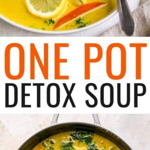 A close up photo of a bowl of detox soup topped with fresh cilantro and lemon wedges. A spoon rests in the bowl. Photo below is a pot with the coconut milk chicken detox soup.