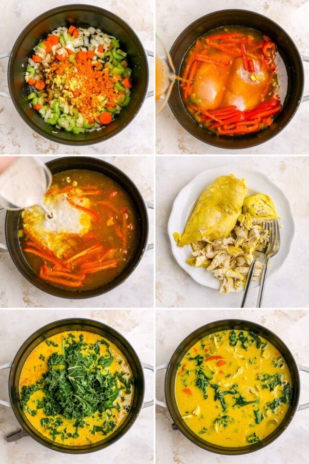 Collage of 6 photos showing how to make detox soup: sautéing veggies and spices, adding chicken and broth, adding coconut milk, shredding the chicken, then adding the kale.