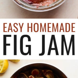 Jar of fig jam with a photo of figs in a pot below the jam photo.