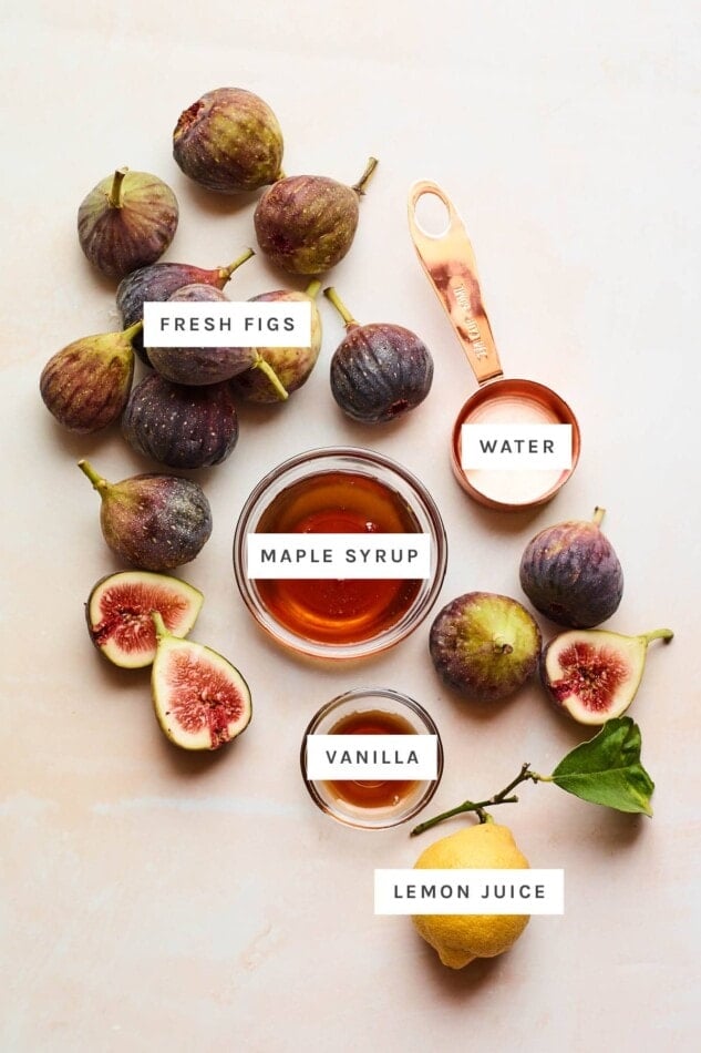 Ingredients measured out to make fig jam: fresh figs, water, maple syrup, vanilla and lemon juice.