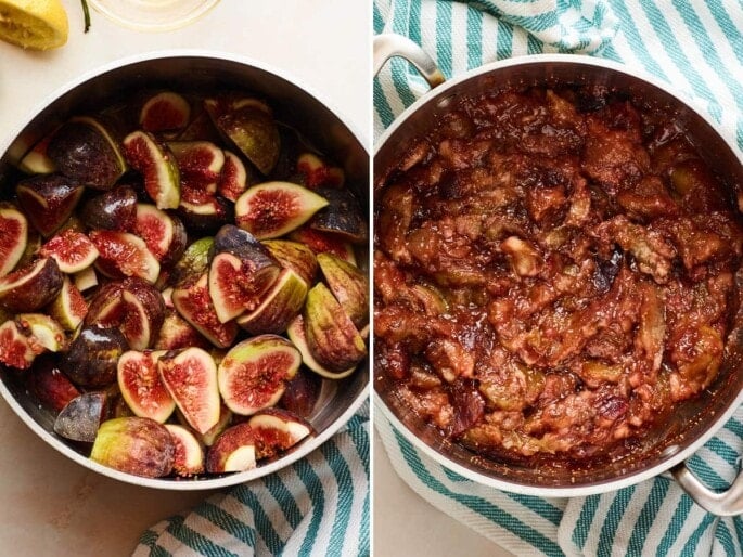 Side by side photos: the first is chopped fresh figs in a pot and the second is the figs cooked down into jam.