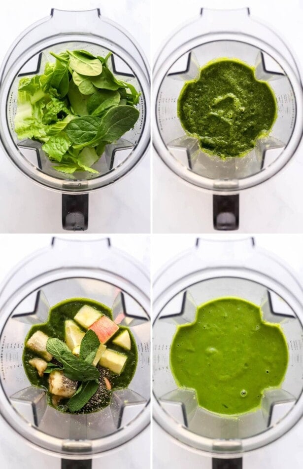 Collage of four photos showing greens, before and after being blended in a blender, and then photos of apple, mint, banana, lemon and chia seeds added to the blender and then blended.