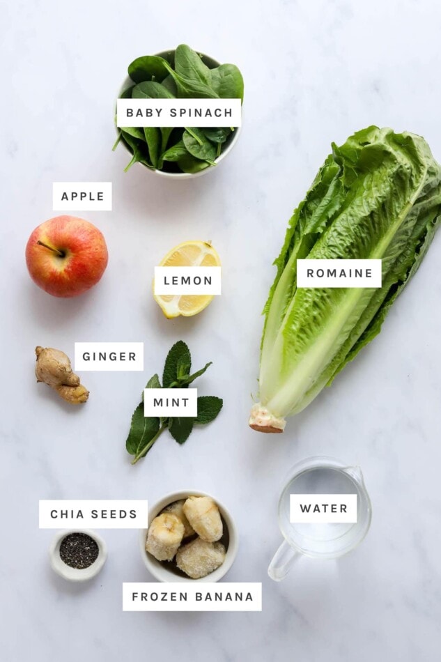 Ingredients measured out to make a green detox smoothie: baby spinach, romaine, apple, lemon, ginger, mint, water, chia seeds and frozen banana.