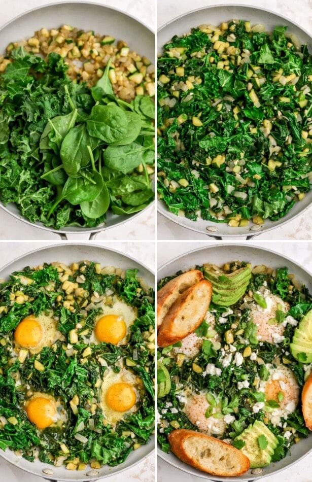 Four photos showing the process to make green shakshuka: sauteeing all the veggies, adding eggs to cook, and topping with feta, cilantro, avocado and toasted bread slices.