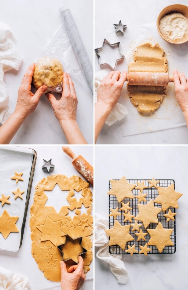 Collage of four photos showing the process to make healthy sugar cookies: wrapping cookie dough in plastic wrap to chill, rolling out the dough, cutting star shapes with cookie cutters and cooling the cookies on a rack.