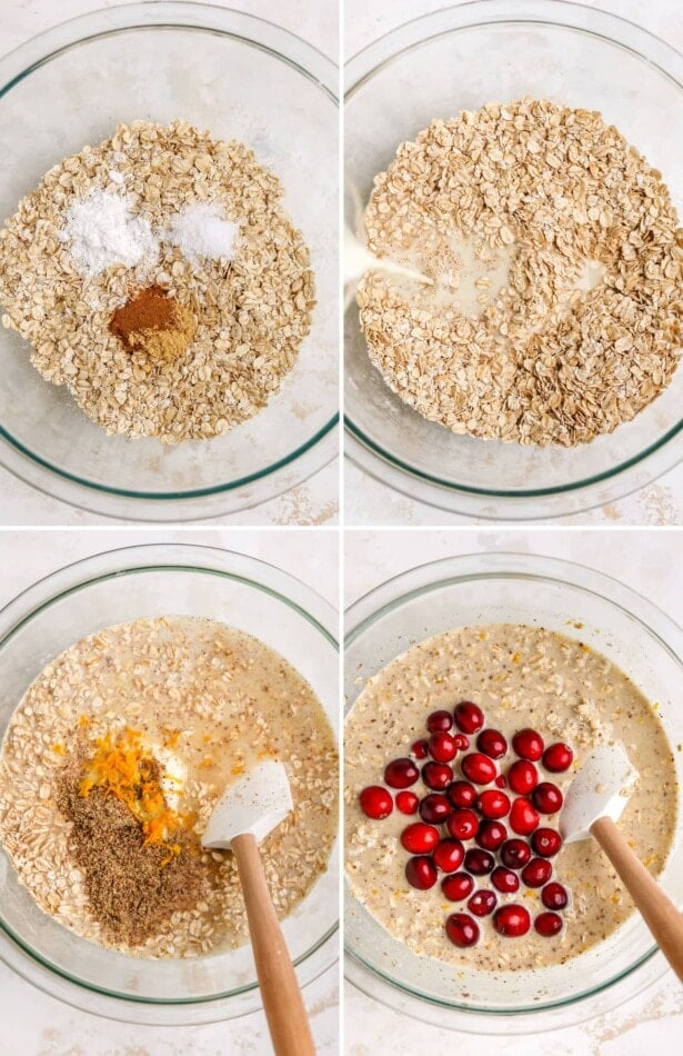 Collage of four photos showing how to make the mixture for cranberry orange baked oatmeal.