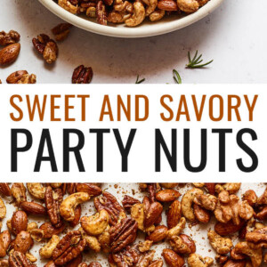 An overhead photo looking at a bowl of sweet and savory party nuts. Photo below is of the party nuts on a baking sheet.