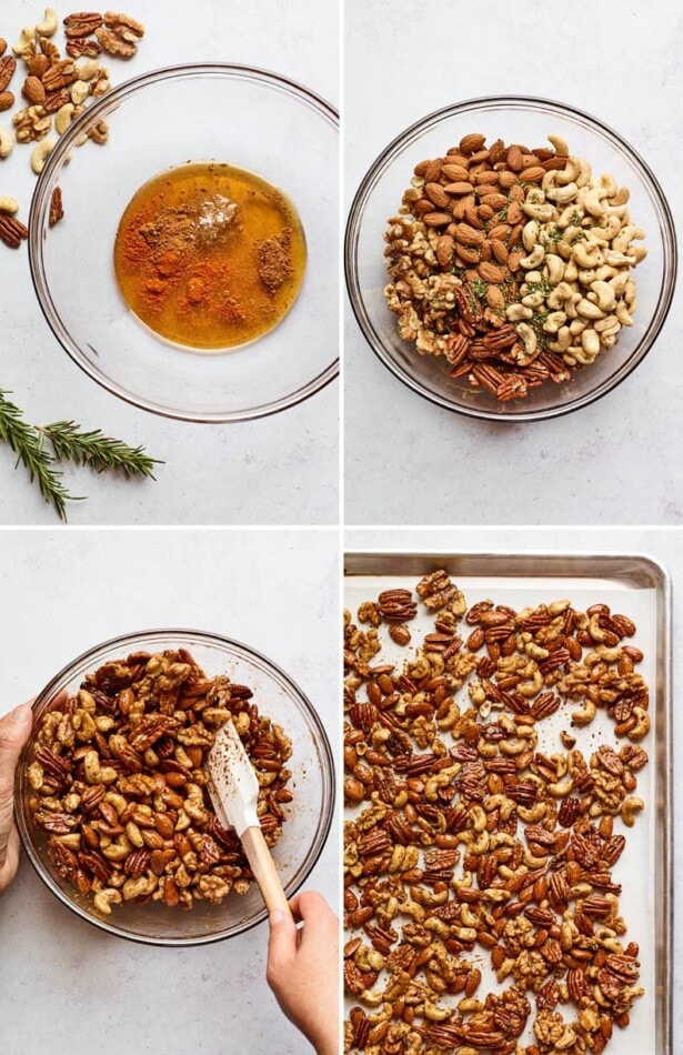 Collage of four photos showing the steps on how to make party nuts: mixing spices and maple syrup in a bowl, adding nuts to the bowl with rosemary, mixing the nuts, and spreading nuts on a baking sheet.