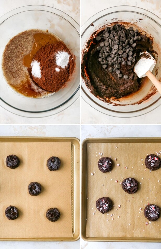 Collage of four images: two showing mixing together the chocolate peppermint cookies dough and two photos showing how to make the cookies with a dent to add crushed peppermint candy.