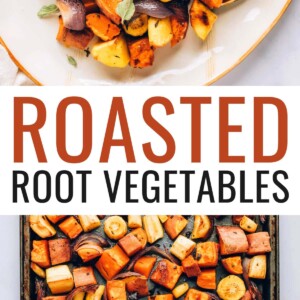 An overhead photo of a serving dish with roasted root vegetables. Photo below is of the roasted root vegetables on a sheet pan.