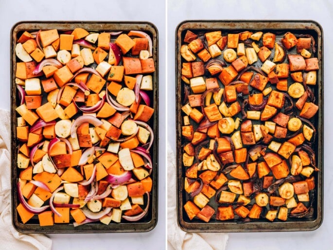 Caramelized roasted root vegetables with sweet potatoes, carrots, parsnips and fresh oregano. Such an easy side for the holidays or everyday meals. Side by side photos of root vegetables on a roasting pan, before and after being roasted.