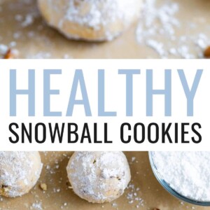 Stack of three snowball cookies. The top has a bite taken out of it. Photo below is of the snowball cookies on parchment paper next to a bowl of powdered sugar.