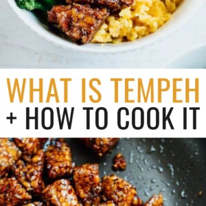 Photo of glazed tempeh cubes in a bowl with broccoli and rice, and a photo below of the maple balsamic tempeh in a skillet.