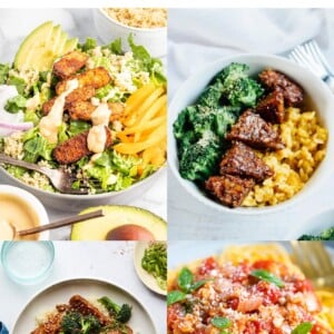 Collage of four photos of different dishes made with tempeh: salad, bowls, teriyaki and broccoli, and bolognese over spaghetti.