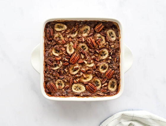 Baked Steel Cut Oatmeal in an 8x8 baking dish.