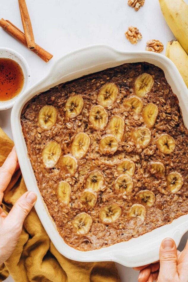 Freshly baked banana bread baked oatmeal in a baking dish.