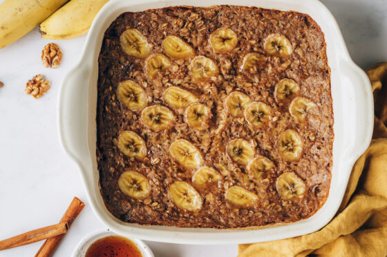 Banana bread baked oatmeal in an 8x8 baking dish.