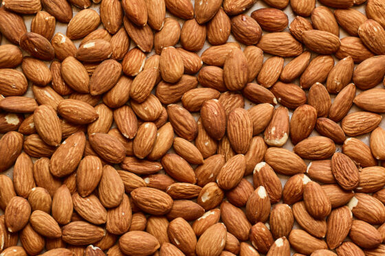 Almonds on a baking sheet.