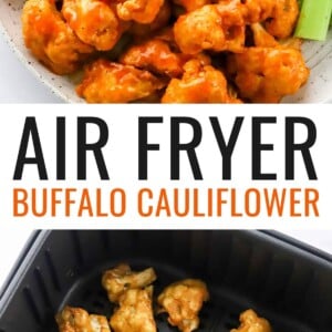 Plate of air fried buffalo cauliflower with ranch and celery. One fork has a cauliflower bite in the ranch. Photo below is of the air fried cauliflower in the air fryer basket.