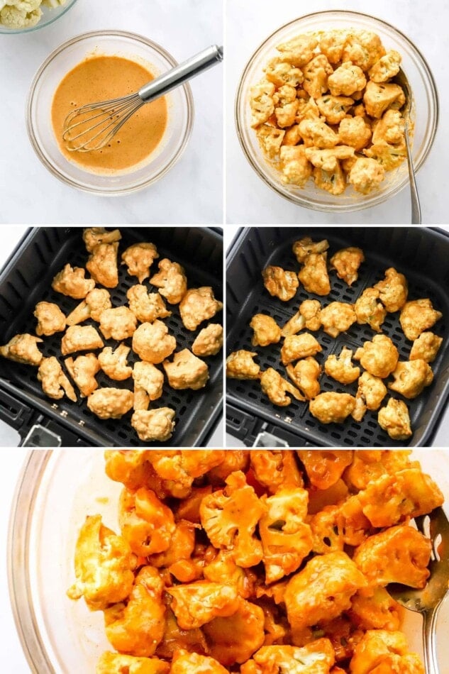 Collage of five photos showing how to make buffalo cauliflower wings in the air fryer: mixing the batter, tossing the cauliflower, frying it in the air fryer basket and then tossing with more sauce.