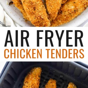 Plate of air fried chicken tenders with honey mustard dip. One tender is being dipped in the honey mustard. Photo below is of the chicken tenders in an air fryer basket.