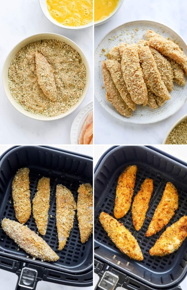 Collage of four photos showing breading chicken tenders, and cooking them in an air fryer basket.