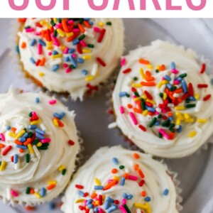 An overhead and closeup view of 4 cupcakes on a plate.