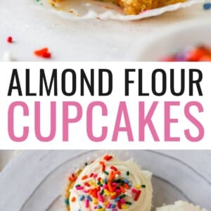 A cupcake topped with vanilla icing and rainbow sprinkles that has a bite removed from it. Photo below is a bird's eye view of four almond flour cupcakes on a plate, decorated with white frosting and sprinkles.