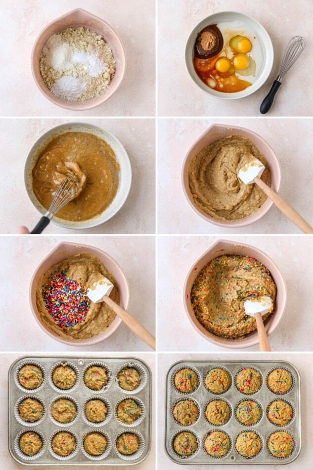 Collage of 8 photos showing the steps how to make almond flour cupcakes: mixing the batter, stirring in the sprinkled and baking in a cupcake tin.