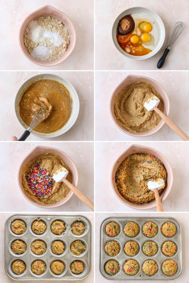 Collage of 8 photos showing the steps how to make almond flour cupcakes: mixing the batter, stirring in the sprinkled and baking in a cupcake tin.