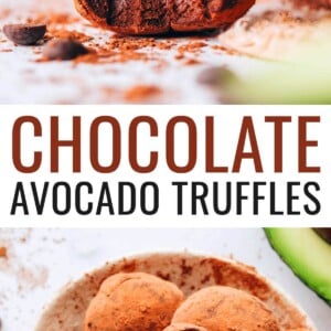 Close up photo of a dark chocolate avocado truffle with a bite taken out of it. Photo below: An overhead photo of a bowl of avocado truffles. The top truffle has a bite taken out of it.