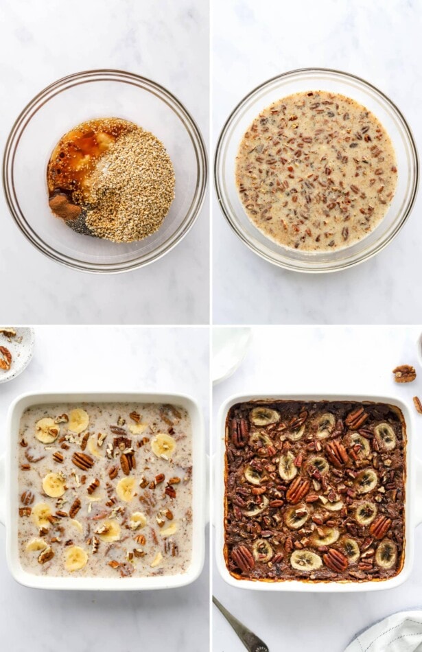 Collage of four photos, showing how to mix the mixture for baked steel cut oatmeal, pouring into a dish and baking.
