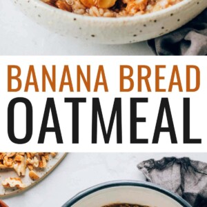 Maple syrup being poured over a bowl of banana bread oatmeal, topped with caramelized bananas. Bowl below is of a pot and wood spoon with oatmeal.