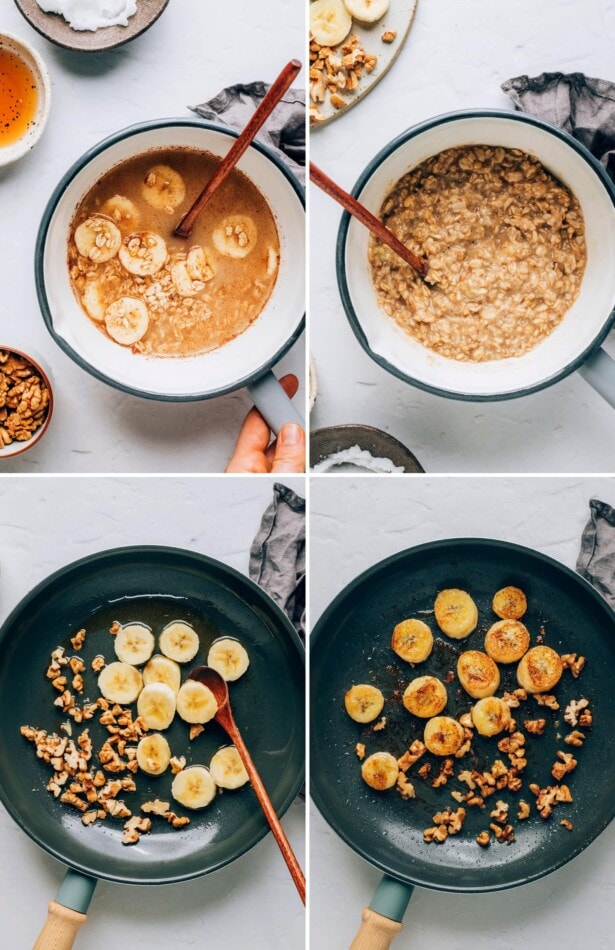 Collage of four photos: top two are of how to make banana oatmeal in a pot, the second two are how to caramelize banana slices.