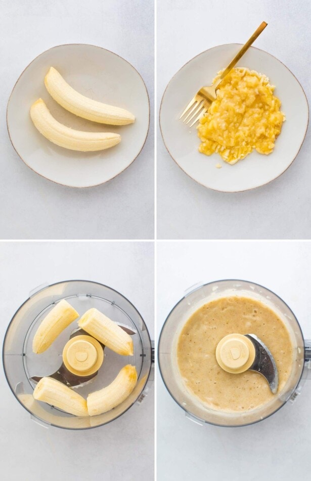 Collage of four photos. Two show bananas being mashed with a fork. Two more photos show the bananas being blended in a food processor.