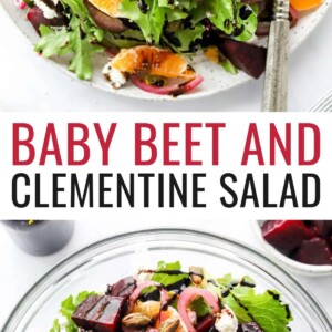 An overhead photo of a plate containing baby beet and clementine salad. A fork rests on the plate. Photo below is the same salad in a glass mixing bowl with salad serving spoons.