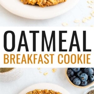 An oatmeal breakfast cookie on a plate that has been cut in half, the halves are resting on each other exposing the inside of the cookie. Behind the plate is a small container of chia seeds and blueberries as well as a mug of tea. Photo below is an overhead shot of the cookie on a plate, drizzled with almond butter.