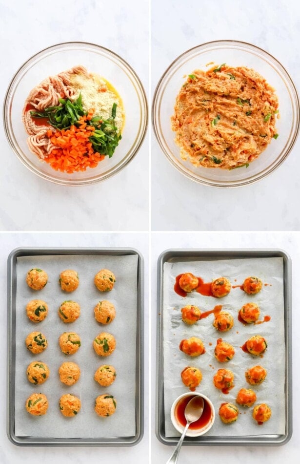 Collage of four photos: two photos showing out to make the ingredients together in a bowl to make buffalo chicken meatballs. The other two photos are of the meatballs being baked and topped with buffalo sauce.