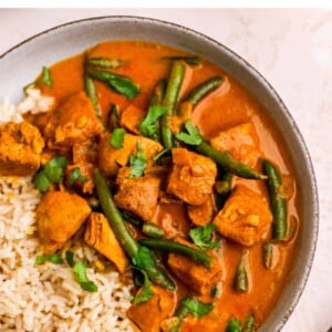 A birds eye view of a bowl of butter chicken. Half the bowl has rice.