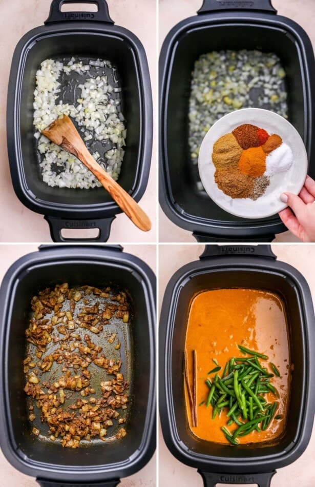 Collage of four photos showing the steps to make slow cooker butter chicken: sautéing onions in a slow cooker, adding spices to the onions, mixing the spices with the onions, and then adding the cinnamon stick, coconut milk, tomato sauce, chicken and green beans.