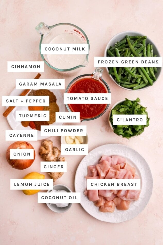 Ingredients measured out to make butter chicken: coconut milk, frozen green beans, cinnamon, garam masala, tomato sauce, cilantro, salt, pepper, turmeric, cumin, cayenne, chili powder, garlic, onion, ginger, lemon juice, coconut oil, chicken breast.