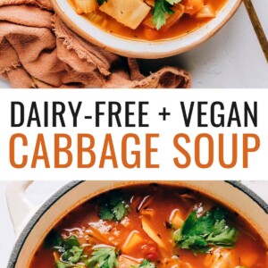 Bowl of cabbage soup with a spoon in it, and photo below is a pot of the cabbage soup.