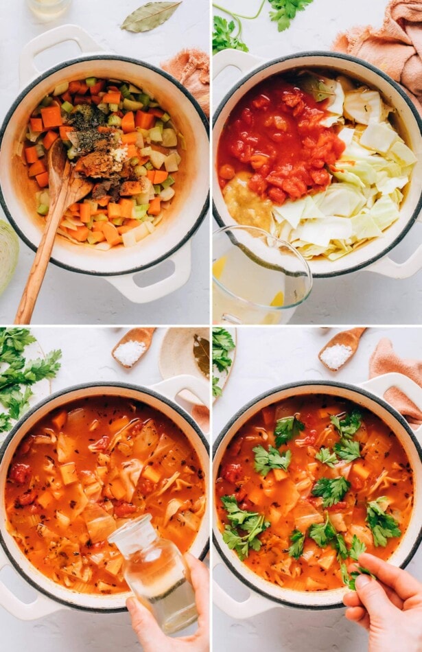 Collage of four photos showing the steps to make cabbage soup.