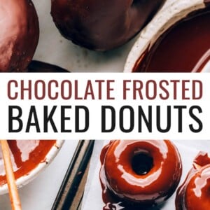 A chocolate covered donut with a bite taken out of it, exposing the inside. There are additional donuts around it. Photo below: Freshly coated chocolate donuts on a sheet pan lined with parchment paper.