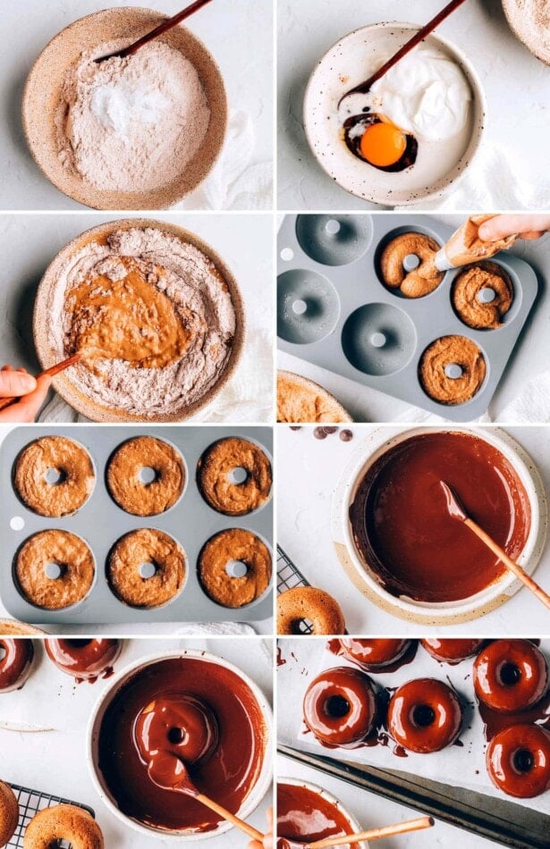Collage of 8 photos showing the steps to make Chocolate Frosted Baked Donuts. Making the batter, baking the donuts in a donut pan and dipping the donuts in chocolate.