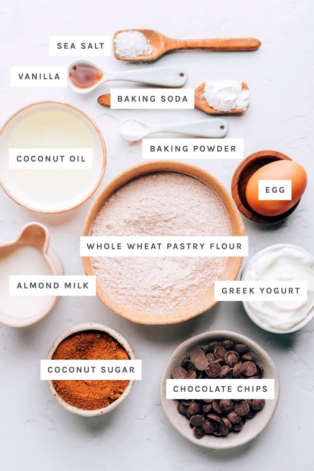 Ingredients measured out to make Chocolate Frosted Baked Donuts: sea salt, vanilla, baking soda, baking powder, coconut oil, egg, whole wheat pastry flour, almond milk, Greek yogurt, coconut sugar, chocolate chips.