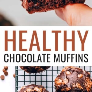 A healthy chocolate chip muffin cut in half. A hand is holding up the half so you can see the gooey chocolate chips inside. Photo below is of chocolate muffins on a wire rack.