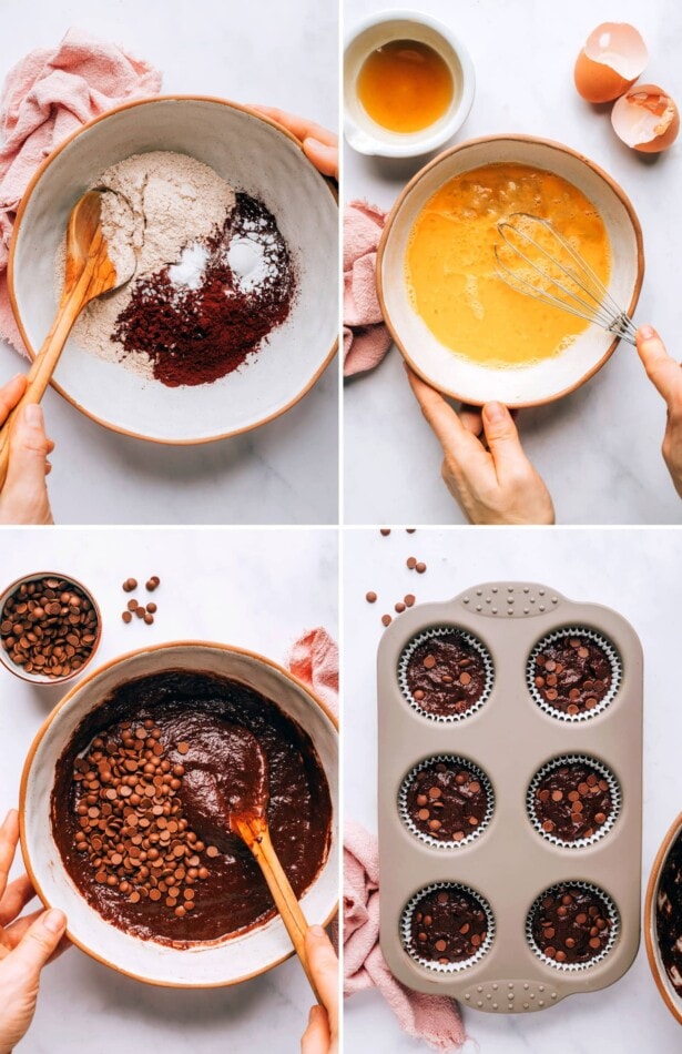 Collage of four photos showing the steps to make healthy chocolate muffins: mixing the dry ingredients, mixing the wet ingredients, mixing the two together and then adding batter to a muffin tin.