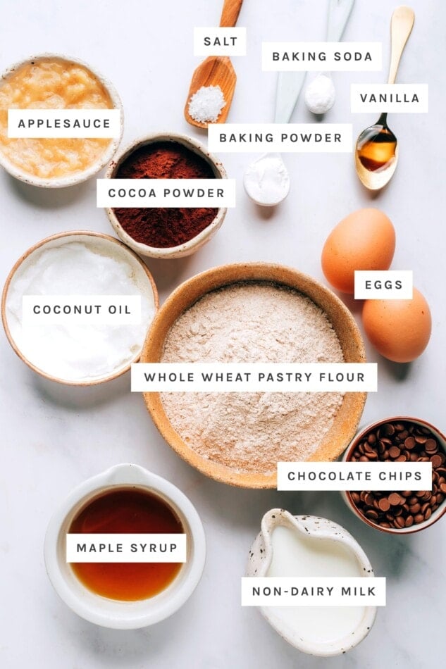 Ingredients measured out to make chocolate muffins: applesauce, salt, baking soda, baking powder, vanilla, cocoa powder, coconut oil, eggs, whole wheat pastry flour, maple syrup, chocolate chips and non-dairy milk.