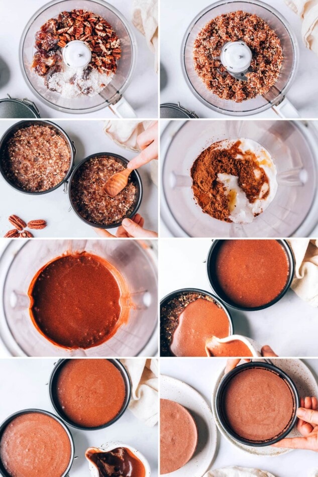 Collage of 8 photos showing how to make a chocolate tart, from the pecan date crust to the coconut chocolate filling.